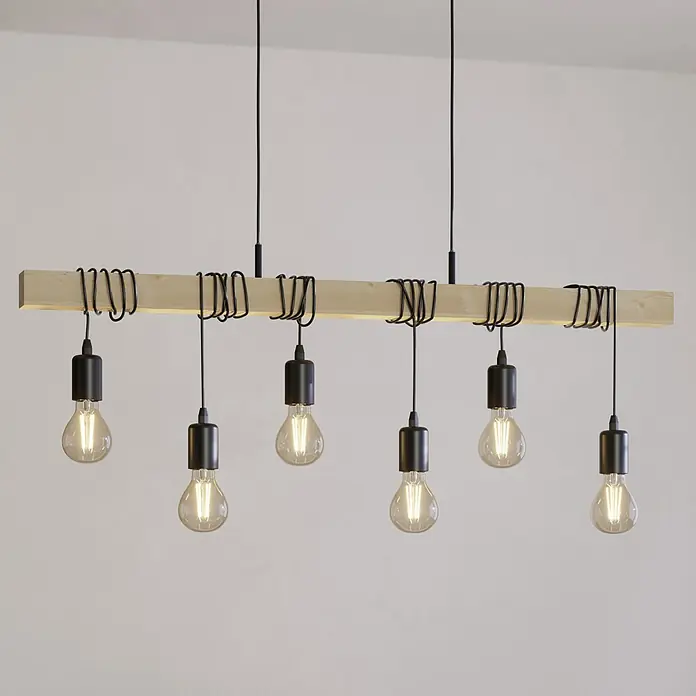 Eglo Townshend Pendelleuchte - 360 W, L x B x H: 100 x 10 x 110 cm, Braun/Schwarz, E27, 6 Stk. - Diese Pendelleuchte verfügt über einen Holzträger mit sechs Glühbirnen, die eine warme und rustikale Beleuchtung erzeugen.