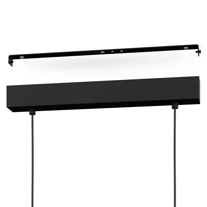 Eglo Hornwood Pendelleuchte - 180 W, L x B x H: 78 x 21 x 110 cm, Schwarz/Creme, E27 - Nahaufnahme einer modernen schwarzen Pendelleuchte mit Aufhängung an einer Metallschiene. Elegantes und minimalistisches Design für den Innenbereich.