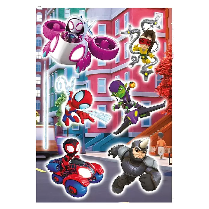 Komar Marvel Wandtattoo Spidey & Friends Chasing - Bunt, 6 -tlg. - Farbenfrohe Marvel Spidey & Friends Wandsticker mit Spider-Gwen, Spidey, Miles, Doc Ock, Green Goblin und Rhino in einer Stadtszene.