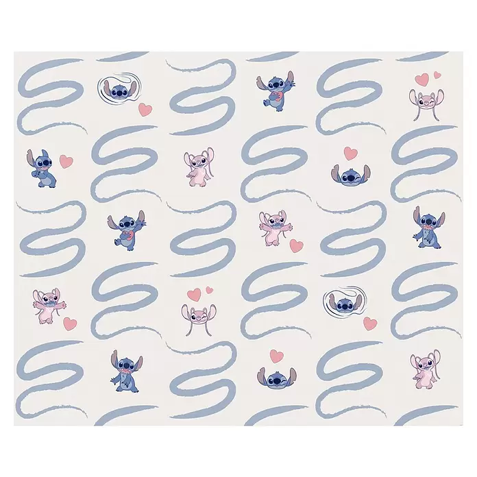 Komar Fototapete Lilo & Stich Be Kind - B x H: 300 x 250 cm, Vlies - Muster mit Stitch- und Angel-Charakteren, rosa Herzen und blauen Wellenlinien.