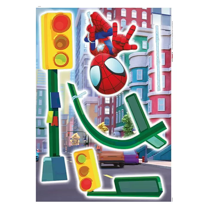 Komar Marvel Wandtattoo Spidey & Friends Lamp Swing - Bunt, 5 -tlg. - Spider-Man-Aufkleber schwingt, mit Ampeln und grünen Straßenschildern mit Netzen.