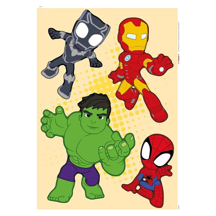 Komar Marvel Wandtattoo Spidey & Friends Power Group - Bunt, 4 -tlg. - Das Bild zeigt eine lustige Illustration mit den Marvel-Superhelden Black Panther, Iron Man, Hulk und Spiderman auf beigem Hintergrund.