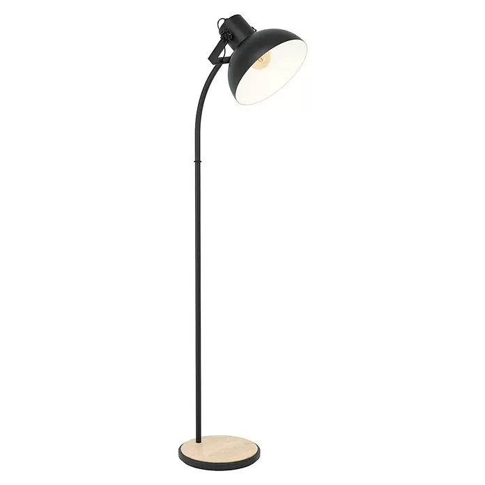 Eglo Lubenham Stehleuchte - 28 W, Höhe: 160 cm, Schwarz, E27 - Schwarze Stehleuchte mit rundem Holzsockel und leuchtender Glühbirne.