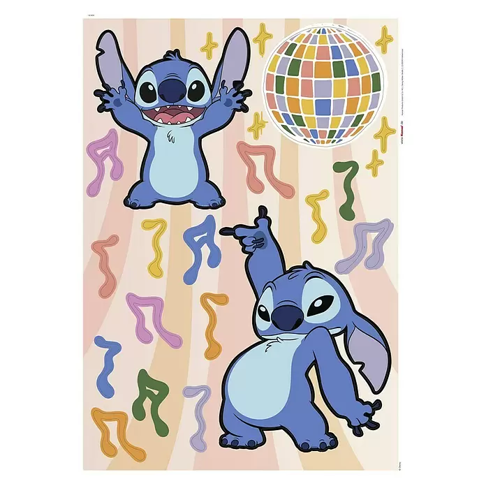 Komar Wandtattoo Stich Music - Bunt, 23 -tlg. - Zwei verspielte Stitch-Figuren tanzen mit bunter Discokugel, Sternen und Noten auf gestreiftem Hintergrund.