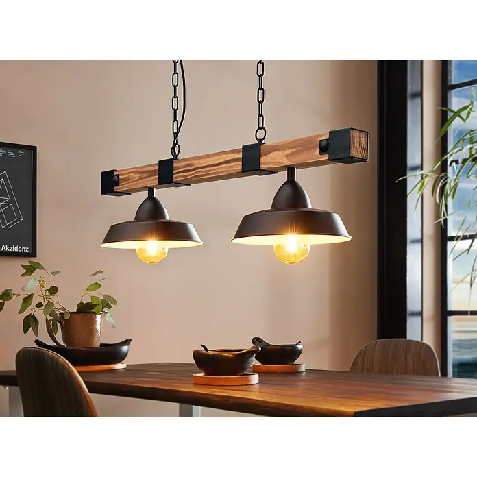 Eglo Pendelleuchte Oldbury - 120 W, L x B x H: 86 x 26 x 110 cm, Braun/Schwarz, E27, Anzahl Leuchtmittel: 2 Stk. - Hängelampe mit zwei Lampenschirmen aus Metall und einem Holzbalken, ideal für Esszimmer und Wohnräume.