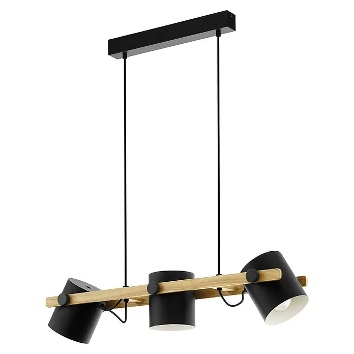 Eglo Hornwood Pendelleuchte - 180 W, L x B x H: 78 x 21 x 110 cm, Schwarz/Creme, E27 - Elegante Hängelampe mit drei Leuchten und Holzdetails. Die schwarzen Lampenschirme sorgen für gerichtetes Licht und ein modernes Ambiente.