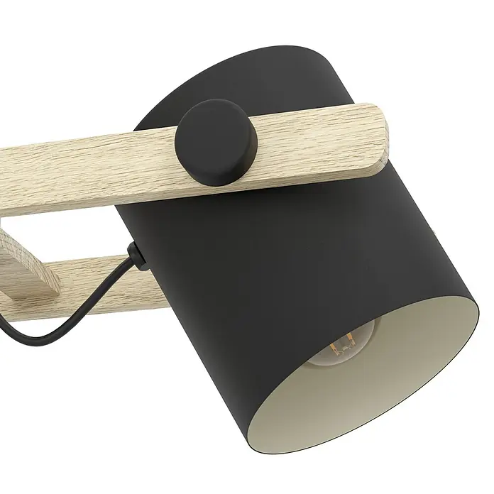 Eglo Hornwood Pendelleuchte - 180 W, L x B x H: 78 x 21 x 110 cm, Schwarz/Creme, E27 - Nahaufnahme einer schwarzen Schreibtischlampe mit Holzdetails, die ein modernes Design und Funktionalität vereint.