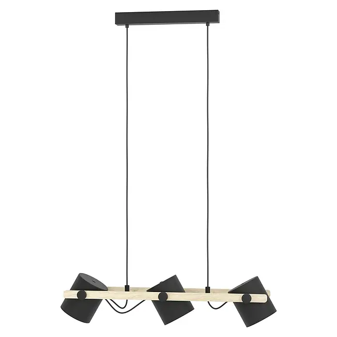 Eglo Hornwood Pendelleuchte - 180 W, L x B x H: 78 x 21 x 110 cm, Schwarz/Creme, E27 - Moderne Hängeleuchte mit drei verstellbaren Strahlern in Schwarz und Holzoptik, ideal für stilvolle Innenräume.