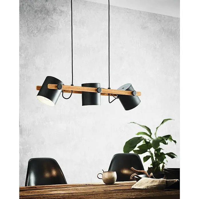 Eglo Hornwood Pendelleuchte - 180 W, L x B x H: 78 x 21 x 110 cm, Schwarz/Creme, E27 - Moderne Hängeleuchte mit Holzdetails und schwarzen Lampenschirmen, die eine stilvolle Beleuchtungslösung darstellt.