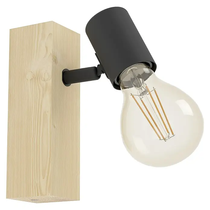 Eglo Townshend 3 Wandstrahler - 10 W, Braun/Schwarz, E27, 1 Stk. - Nahaufnahme einer modernen Wandleuchte mit Holzbasis und schwarzem Lampenschirm, die ein warmes Licht ausstrahlt.