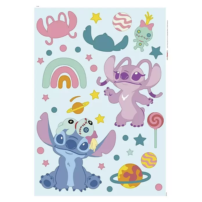Komar Wandtattoo Stitch World - Bunt, 35 -tlg. - Farbige Lilo & Stitch Wandtattoos mit Stitch, Angel, rosa Krabbe, Planeten und Regenbögen auf hellblauem Hintergrund.