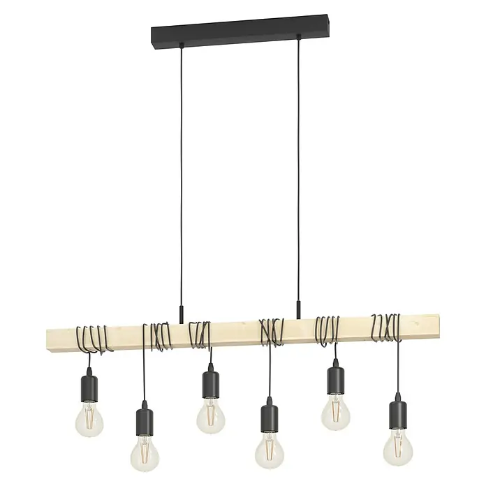 Eglo Townshend Pendelleuchte - 360 W, L x B x H: 100 x 10 x 110 cm, Braun/Schwarz, E27, 6 Stk. - Moderne Pendelleuchte mit sieben Edison-Glühbirnen und einem Holzbrett für eine rustikale Note.