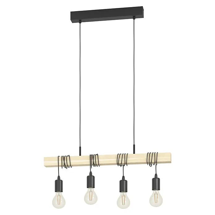 Eglo Townshend Pendelleuchte - 240 W, L x B x H: 70 x 10,5 x 110 cm, Braun/Schwarz, E27, 4 Stk. - Pendelleuchte mit vier Glühbirnen, die von einem Holzbalken hängen. Die Aufhängung ist schwarz und schlicht gehalten.