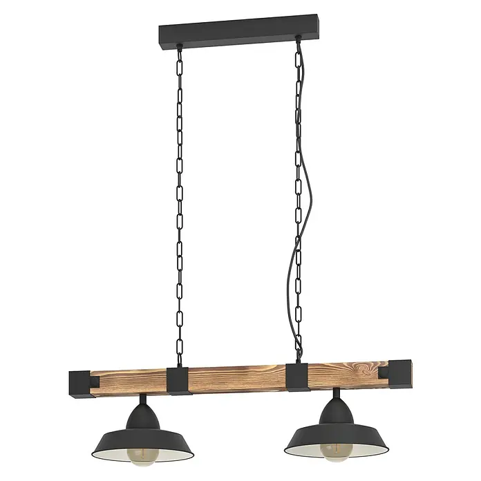 Eglo Pendelleuchte Oldbury - 120 W, L x B x H: 86 x 26 x 110 cm, Braun/Schwarz, E27, Anzahl Leuchtmittel: 2 Stk. - Rustikale Pendelleuchte mit zwei Lampen und Holzbalkenaufhängung für einen charmanten Industrie-Look in jedem Raum.