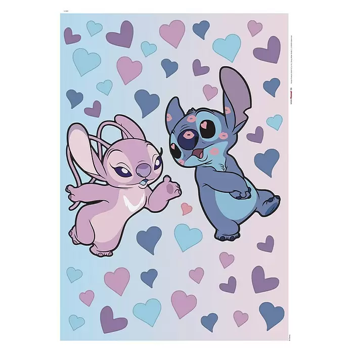 Komar Wandtattoo Stitch in Love - Bunt, 43 -tlg. - Stitch und Angel, umgeben von Herzen, Stitch mit rosa Kussmälern auf blau-rosa Farbverlaufshintergrund.