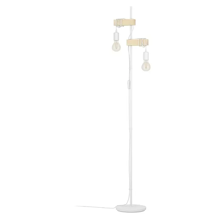 Eglo Townshend Stehleuchte - 20 W, Höhe: 166,5 cm, Braun/Weiß, E27 - Moderne weiße Stehlampe mit hellem Holz, zwei sichtbaren Edison-Glühbirnen an weißen Kabeln.