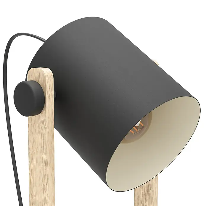 Eglo Hornwood Stehleuchte - 28 W, Höhe: 140 cm, Schwarz/Creme, E27 - Nahaufnahme einer modernen Tischlampe mit einem schwarzen Lampenschirm und einem Holzfuß, die ein warmes Licht ausstrahlt.