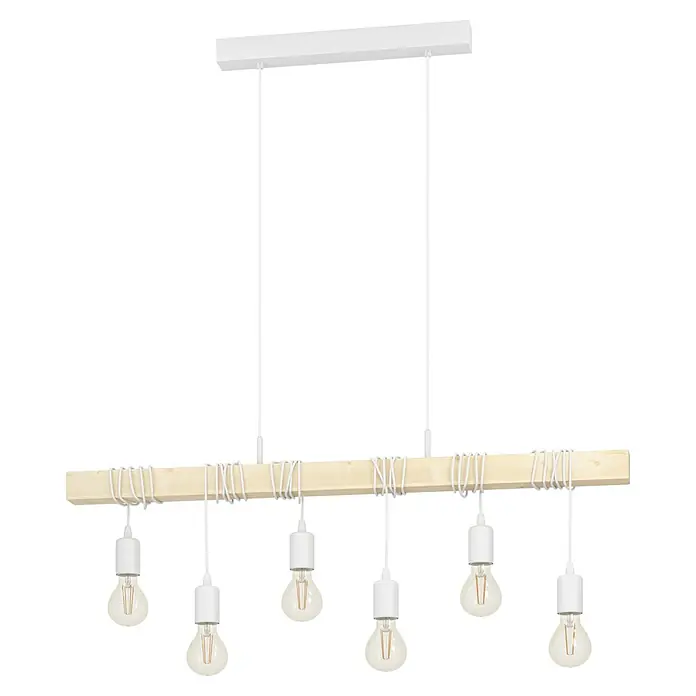 Eglo Townshend Pendelleuchte - 360 W, L x B x H: 100 x 10 x 110 cm, Braun/Weiß, E27, 6 Stk. - Diese Hängeleuchte besticht durch ihr modernes Design mit Holzdetails und sechs Glühbirnen. Die weiße Aufhängung sorgt für einen klaren Kontrast.