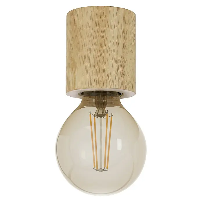 Eglo Deckenleuchte rund Turialdo - 28 W, Ø x H: 7 x 8 cm, Holz, E27 - Nahaufnahme einer Glühbirne mit einem Holzsockel, die ein warmes Licht ausstrahlt. Das schlichte Design verleiht jedem Raum eine natürliche Note.