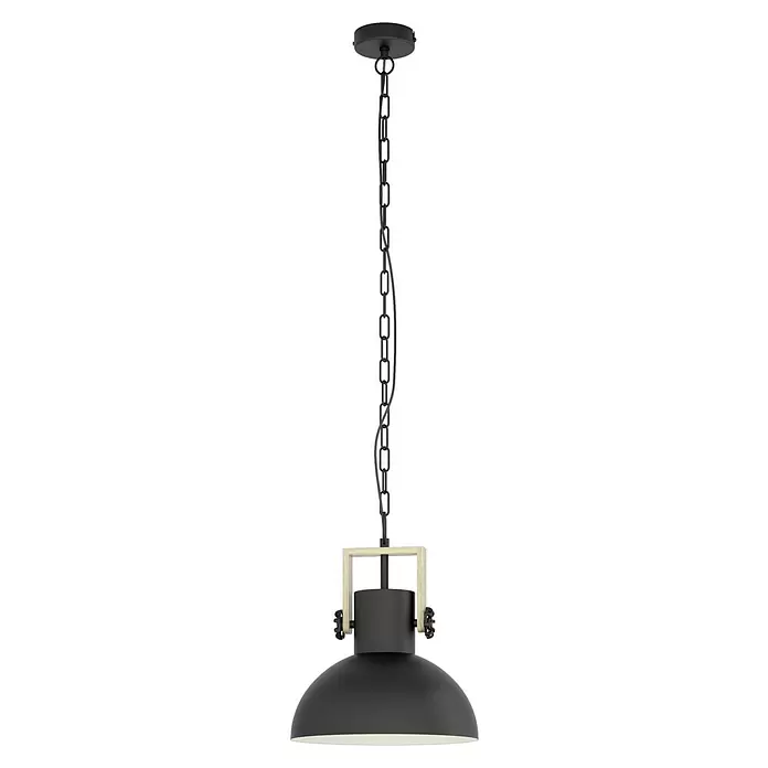 Eglo Lubenham Pendelleuchte - 28 W, Schwarz, E27, 1 Stk. - Schwarze Pendelleuchte mit gewölbtem Metallschirm und Holzrahmen, an schwarzer Kette hängend.