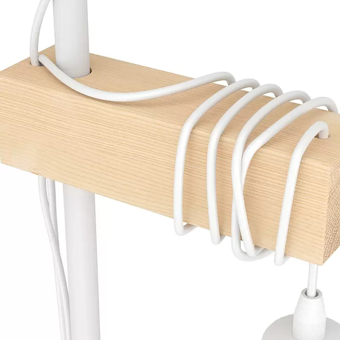 Eglo Townshend Stehleuchte - 20 W, Höhe: 166,5 cm, Braun/Weiß, E27 - Heller Holzblock mit weißen Kabeln umwickelt, integriert mit einer weißen Stange und Lampenfassung.