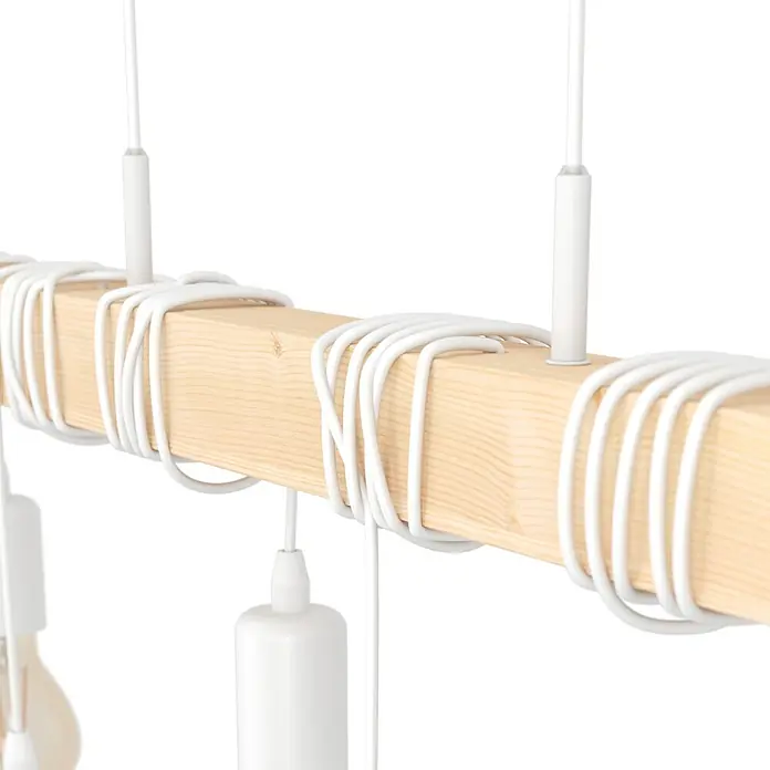 Eglo Townshend Pendelleuchte - 360 W, L x B x H: 100 x 10 x 110 cm, Braun/Weiß, E27, 6 Stk. - Eine moderne Hängelampe mit einem Holzbalken und weißen Kabeln, die um den Balken gewickelt sind. Ideal für ein stilvolles Ambiente.