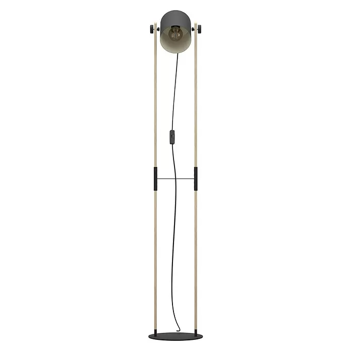 Eglo Hornwood Stehleuchte - 28 W, Höhe: 140 cm, Schwarz/Creme, E27 - Stehleuchte aus schwarzem Metall mit hellem Holzrahmen, freiliegender Glühbirne und Schnurschalter.