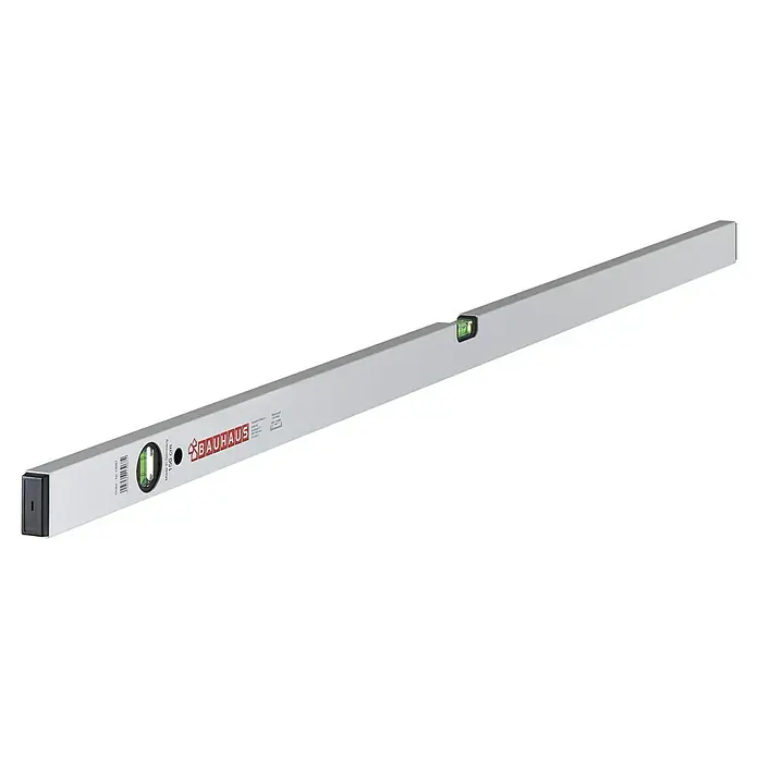 BAUHAUS Nivel de burbuja - Largo: 150 cm, Aluminio, Gris - Imagen de un nivel de burbuja Bauhaus plateado. La herramienta está posicionada diagonalmente sobre un fondo blanco.
