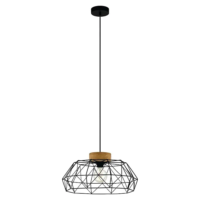 Eglo Padstow Pendelleuchte rund - 60 W, Ø x H: 45,5 x 110 cm, Schwarz, E27 - Hängelampe mit schwarzem Drahtkäfig-Design und Holzelement. Eine moderne und stilvolle Beleuchtung für jeden Raum.