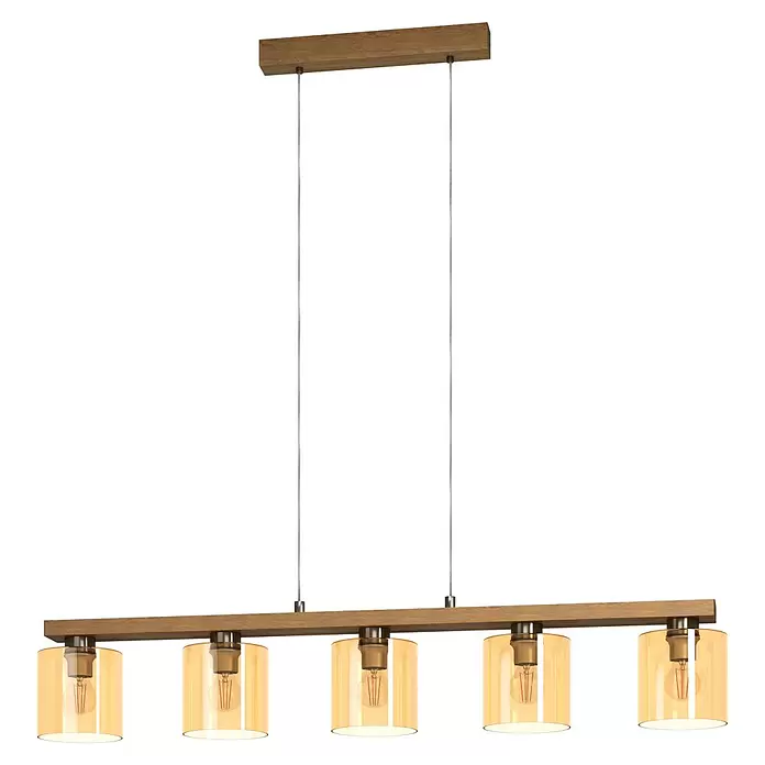 Eglo Pendelleuchte Castralvo - 140 W, L x B x H: 121 x 15 x 110 cm, Amber, E27 - Lineare Pendelleuchte aus Holz mit fünf bernsteinfarbenen Glasschirmen und sichtbaren Filamentlampen.