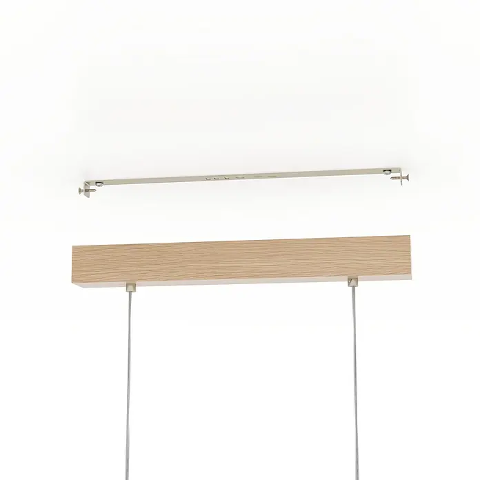 Eglo Pendelleuchte Castralvo - 140 W, L x B x H: 121 x 15 x 110 cm, Amber, E27 - Detailaufnahme einer modernen Pendelleuchte mit Holzkorpus und filigranen Stahlseilen vor einem neutralen Hintergrund.