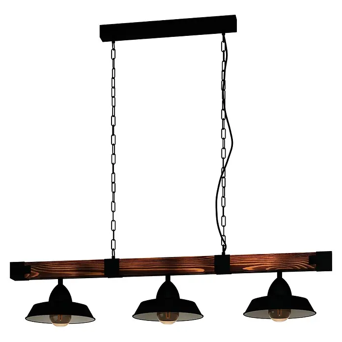 Eglo Pendelleuchte Oldbury -  - Rustikale Hängelampe mit drei schwarzen Lampenschirmen und Holzbalken, ideal für Esszimmer oder Wohnzimmer.