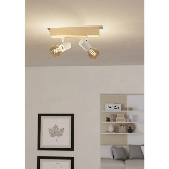 Eglo Townshend 3 Wandstrahler - 120 W, Braun/Weiß, E27, 2 Stk. - Deckenleuchte mit zwei drehbaren Spots und Holzbalken. Die Leuchte spendet warmes Licht und ist ein echter Hingucker.