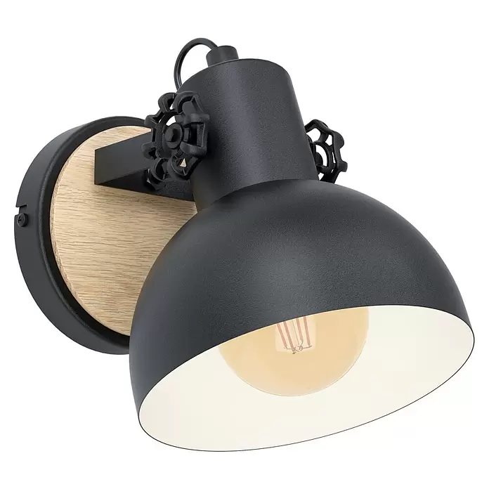 Eglo Lubenham Wandleuchte - 28 W, Schwarz/Braun, E27 - Verstellbare Wandleuchte aus schwarzem Metall und Holz mit warmer Vintage-Glühbirne.