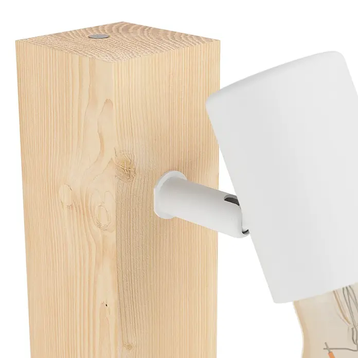 Eglo Townshend 3 Wandstrahler - 10 W, L x B x H: 10 x 5 x 16,5 cm, Braun/Weiß, E27, 1 Stk. - Nahaufnahme einer modernen weißen Wandleuchte mit Holzbefestigung, die ein warmes, einladendes Licht ausstrahlt.
