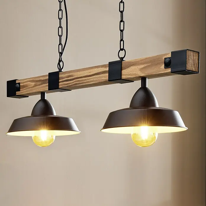 Eglo Pendelleuchte Oldbury - 120 W, L x B x H: 86 x 26 x 110 cm, Braun/Schwarz, E27, Anzahl Leuchtmittel: 2 Stk. - Rustikale Hängelampe mit Holzbalken und zwei Lampenschirmen, die warmes Licht spenden. Ideal für Esszimmer oder Kücheninseln.