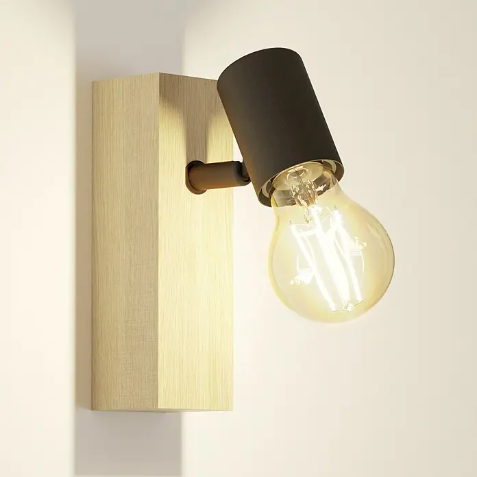 Eglo Townshend 3 Wandstrahler - 10 W, Braun/Schwarz, E27, 1 Stk. - Moderne Wandleuchte mit einem Holzsockel und einem schwarzen Lampenschirm mit einer Glühbirne für eine stimmungsvolle Beleuchtung.