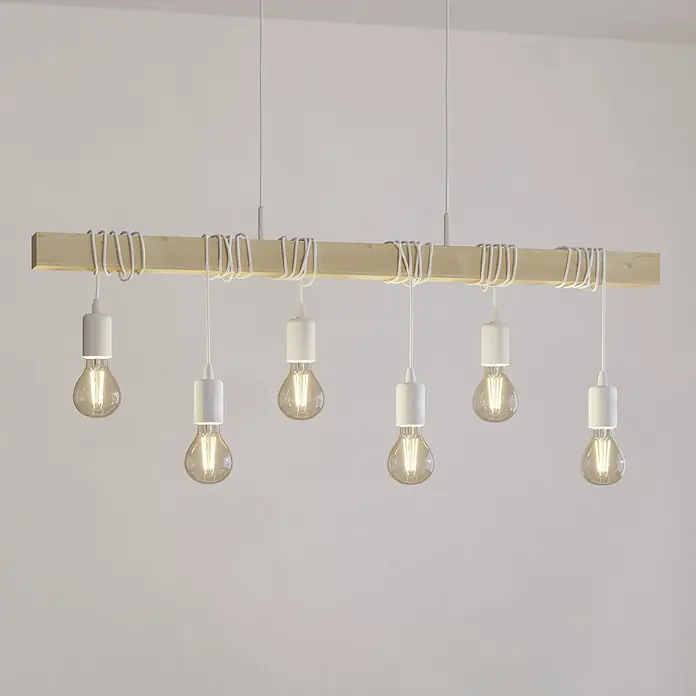Eglo Townshend Pendelleuchte - 360 W, L x B x H: 100 x 10 x 110 cm, Braun/Weiß, E27, 6 Stk. - Eine Pendelleuchte mit sechs Edison-Glühbirnen, die von einem hellen Holzbrett mit weißen Kabeln gehalten werden.