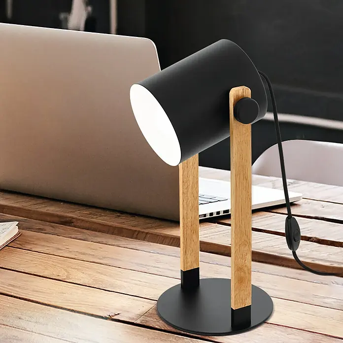 Eglo Hornwood Tischleuchte - 40 W, L x B x H: 21 x 18 x 42 cm, Schwarz/Creme, E27 - Elegante Schreibtischlampe mit schwarzem Lampenschirm und Holzfuß, die warmes Licht spendet. Ideal für moderne Arbeitsbereiche.