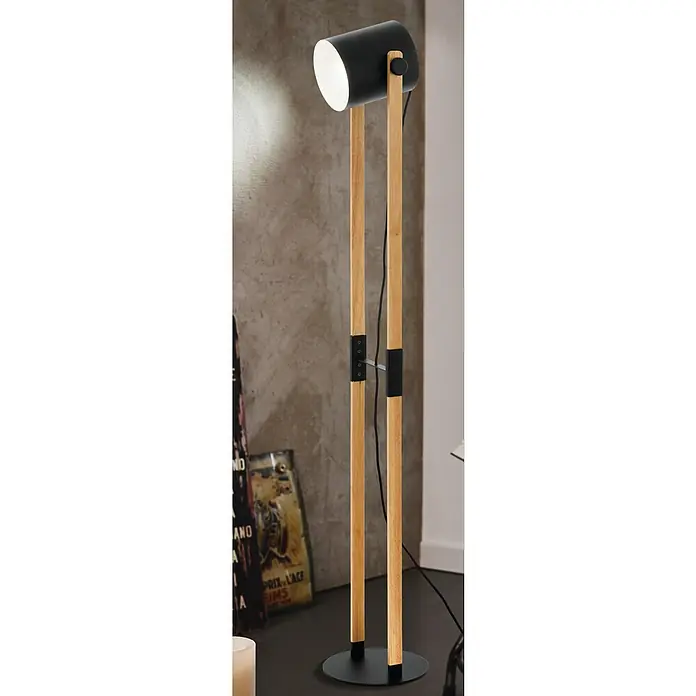 Eglo Hornwood Stehleuchte - 28 W, Höhe: 140 cm, Schwarz/Creme, E27 - Elegante Stehlampe mit Holzgestell und schwarzem Lampenschirm. Das moderne Design macht sie zu einem Blickfang in jedem Raum.