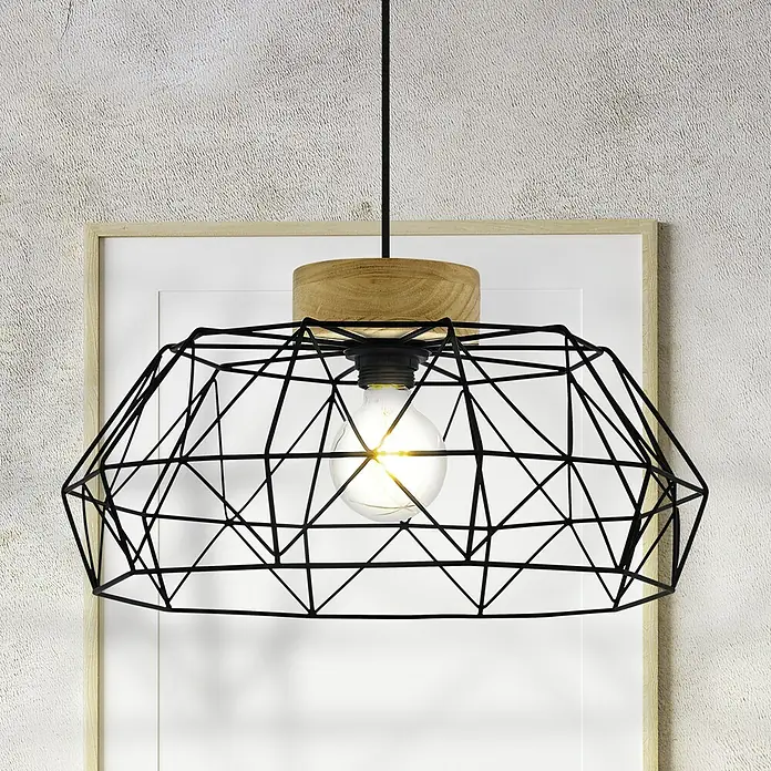 Eglo Padstow Pendelleuchte rund - 60 W, Ø x H: 45,5 x 110 cm, Schwarz, E27 - Hängeleuchte mit geometrischem Käfigdesign und warmem Licht, ideal für moderne Innenräume. Das Holzdetail sorgt für einen natürlichen Akzent.