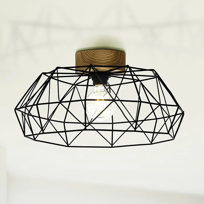 Eglo Padstow Deckenleuchte rund - 60 W, Ø x H: 45,5 x 20,5 cm, Schwarz, E27 - Die Deckenleuchte besticht durch ihr modernes Design mit einem schwarzen Drahtgestell und einem natürlichen Holzsockel. Sie sorgt für ein stilvolles Ambiente.