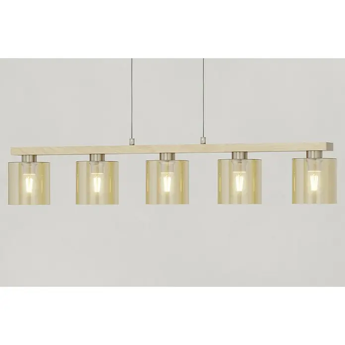 Eglo Pendelleuchte Castralvo - 140 W, L x B x H: 121 x 15 x 110 cm, Amber, E27 - Pendelleuchte mit fünf bernsteinfarbenen Glasschirmen und hellem Holzsockel, die eine warme und einladende Atmosphäre schafft.
