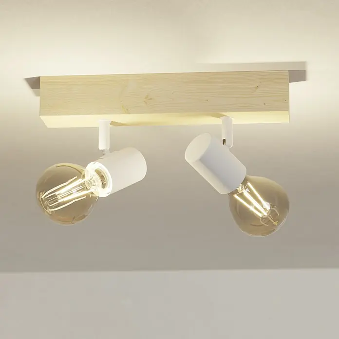 Eglo Townshend 3 Wandstrahler - 120 W, Braun/Weiß, E27, 2 Stk. - Eine moderne Deckenleuchte mit zwei Glühbirnen unter einer Holzplatte für eine stilvolle Beleuchtung.