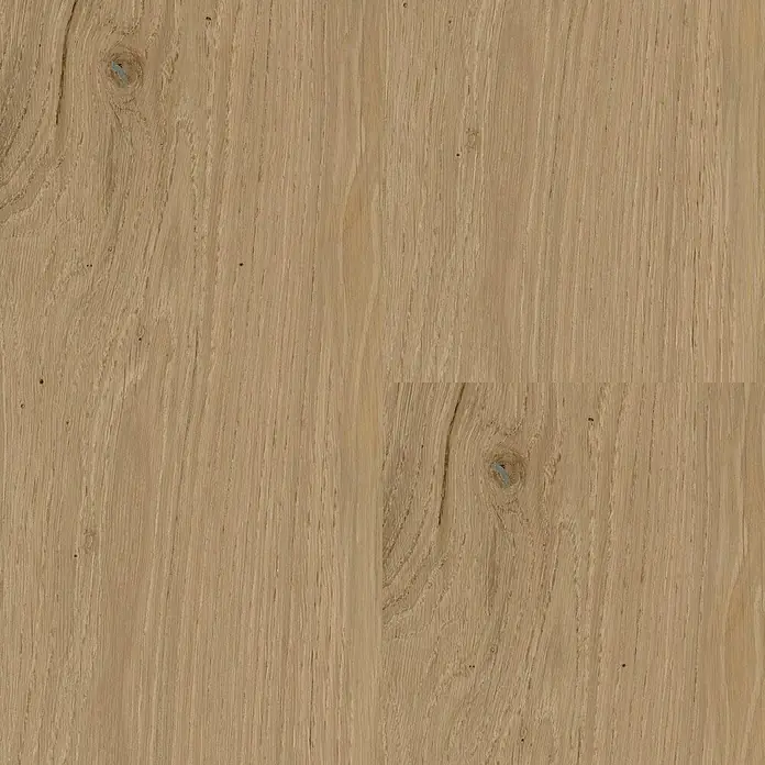 Decolife Designbodenmuster Naturestyle Pure Oak Sun - 28 x 16 x 9 mm, Landhausdiele, Oak Sun - Detailaufnahme einer Holzoberfläche in hellem Braun mit charakteristischer Maserung und Astlöchern, ideal für Möbel oder Böden.