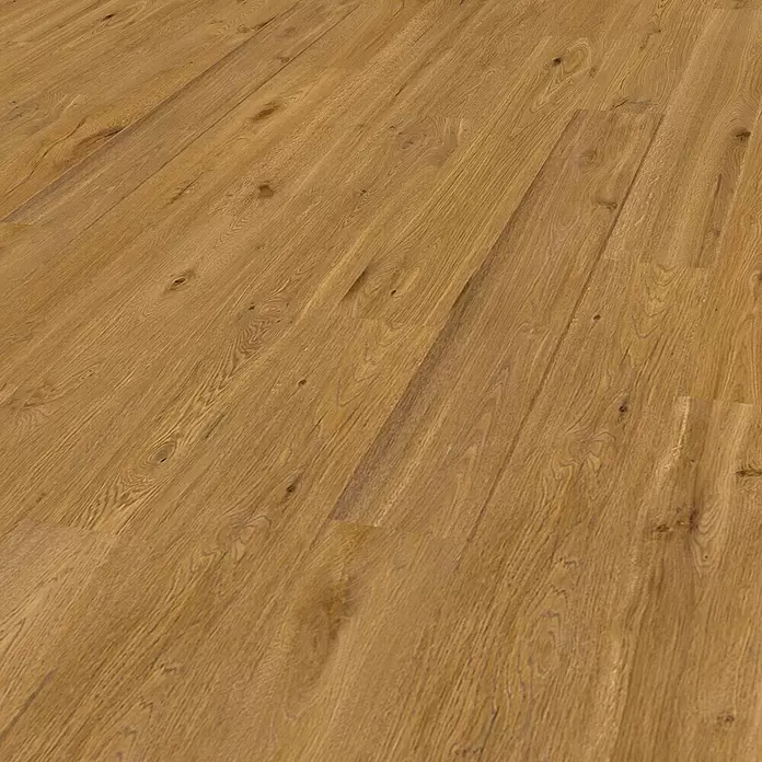 Decolife Designboden Naturestyle Pure - Oak Terra, Landhausdiele, 1.220 x 185 x 9 mm - Goldbraune Holzdielen mit natürlicher Maserung und dezenten Ästen.