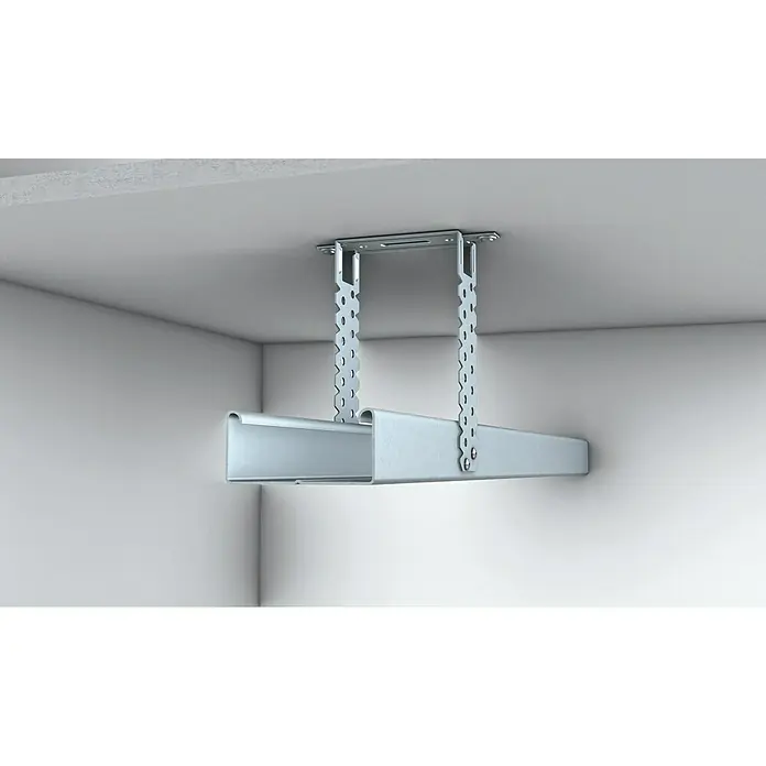Probau DirektabhängerGeeignet für: CD-Deckenprofile, 100 Stk., Höhe: 125 mm - Eine perspektivische Ansicht einer Kabelrinne aus Metall, die an einer Decke mit Metallstützen befestigt ist.