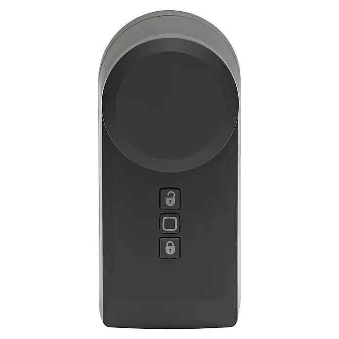 Homematic IP Funk-Türschlossantrieb HmIP-DLD-A - Anthrazit, Batteriebetrieben, 36 x 56 x 118 mm - Nahaufnahme eines schwarzen Smart-Schlosses mit drei Tasten für Verriegelung, Entriegelung und Statusanzeige zur sicheren Türsteuerung.