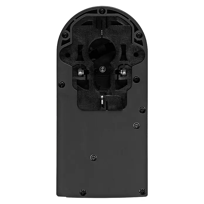 Homematic IP Funk-Türschlossantrieb HmIP-DLD-A - Anthrazit, Batteriebetrieben, 36 x 56 x 118 mm - Nahaufnahme des schwarzen Schlosses mit Schrauben. Das Schloss zeichnet sich durch ein kompliziertes Design und einen robusten Aufbau aus.