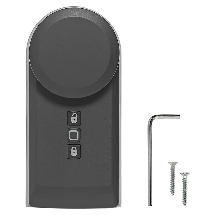 Homematic IP Funk-Türschlossantrieb HmIP-DLD-A - Anthrazit, Batteriebetrieben, 36 x 56 x 118 mm - Nahaufnahme eines grauen Smart Locks mit Zubehör. Perfekt für sichere und moderne Zutrittskontrolle.